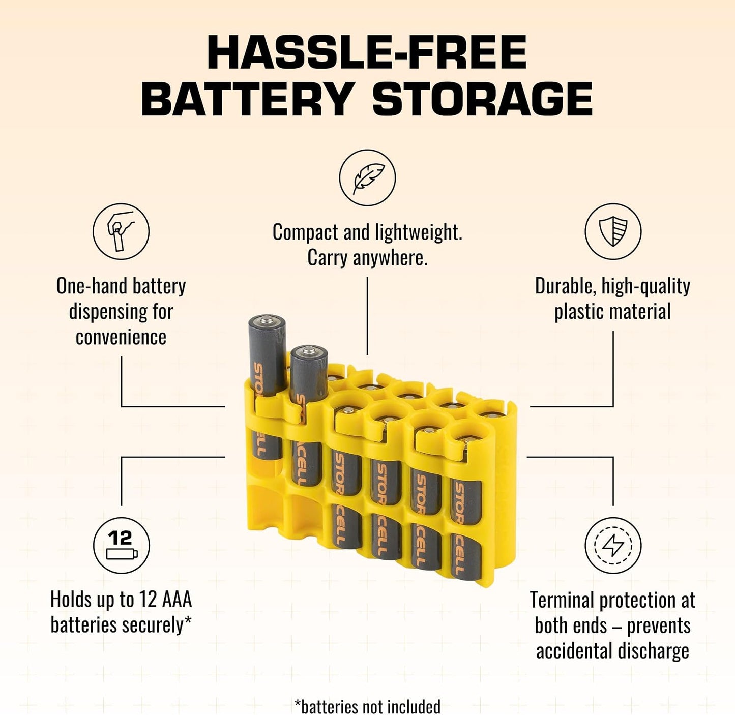 AAA Battery Storage Caddy by Storacell, Yellow, Holds 12 Batteries (Not included)