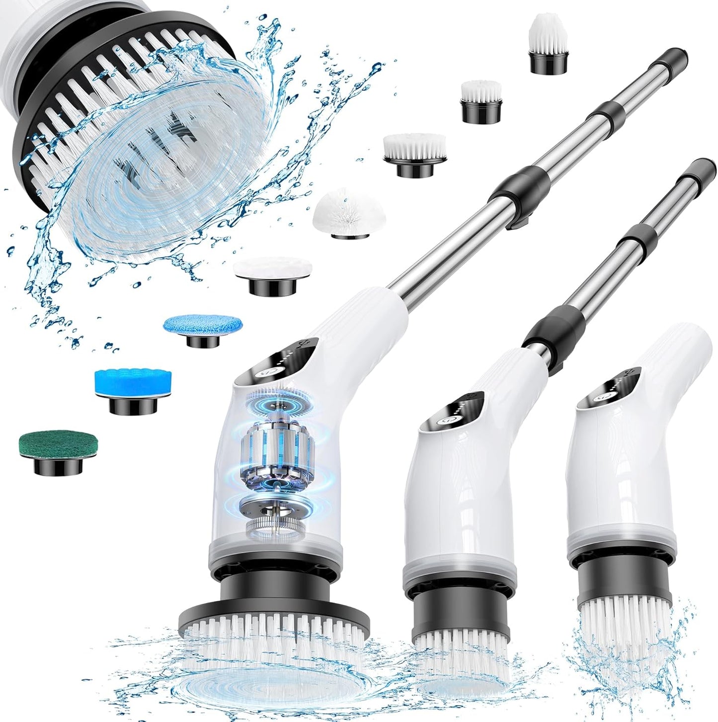 Electric Spin Scrubber, Cordless Cleaning Brush with 8 Replaceable Heads, Five-Speed Power Scrubber with Adjustable Handle for Bathroom, Tub, Floor, Tile & Car – Clean Without Bending