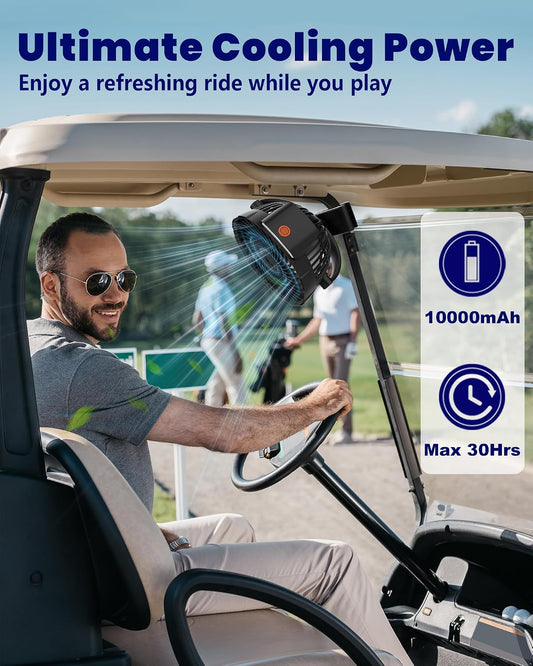 10000mAh Clip on Fan, 8-Inch Golf Cart Fan Rechargeable with LED Light, 9 Speeds Strong Airflow, Ultra Quiet, 30Hrs Runtime, 360° Rotation, Cooling for Bed Camping Office Desk Dorm, Black