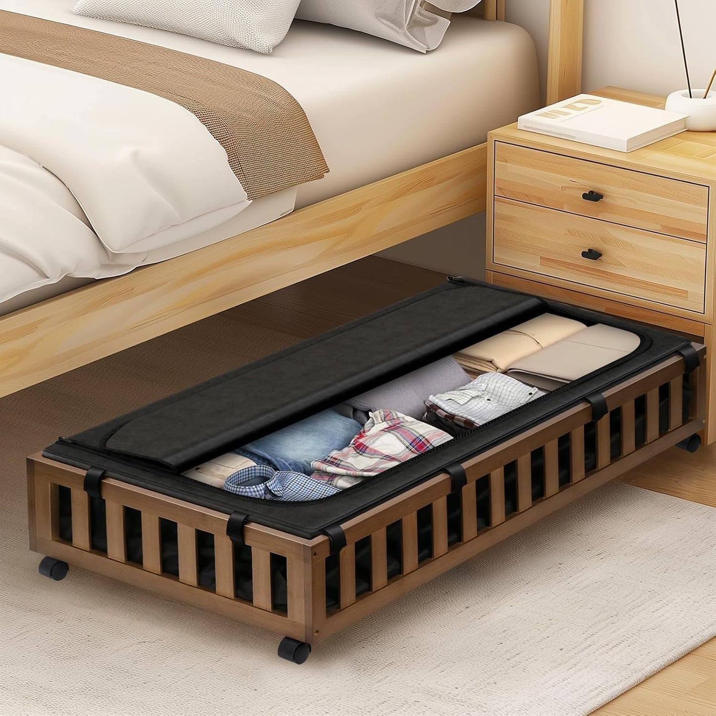 Gashell 2 Pack Bamboo Under Bed Storage with Wheels, 39”x20”x7.8” Lager Under Bed Storage Containers (Brown)