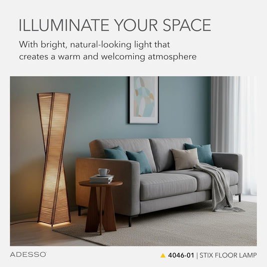 Adesso Stix Floor Lantern – Twisted Square Black and Beige Base, Transitional Two Light Floor Lamp for Bedroom, Home Office Lighting, or Living Room Décor, 50” x 9.5”