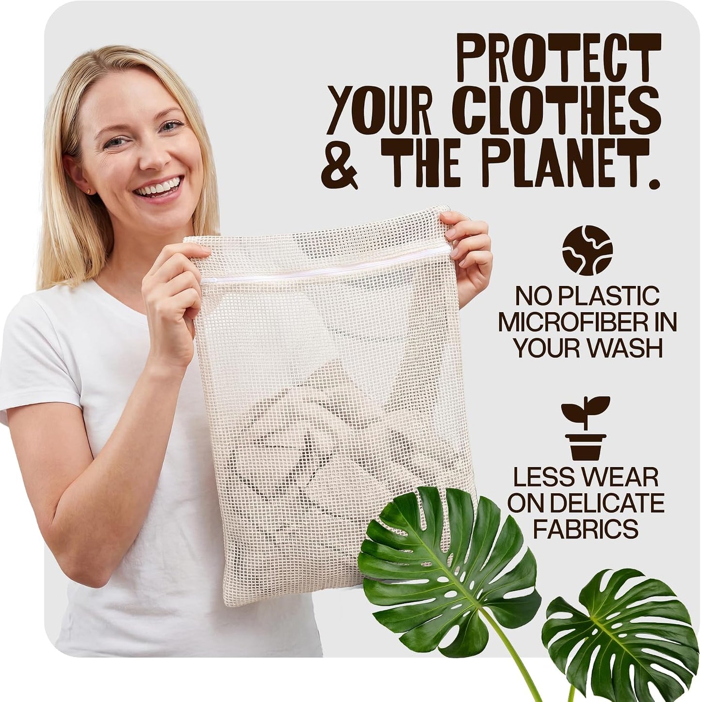 WoollyPals Large Cotton Mesh Laundry Bags (16" x 20") – 2-Pack with Drawstring Storage Pouch – Washer & Dryer Safe, Durable Zipper, Breathable Mesh for Clothes, Delicates, Underwear, Shoes & Lingerie