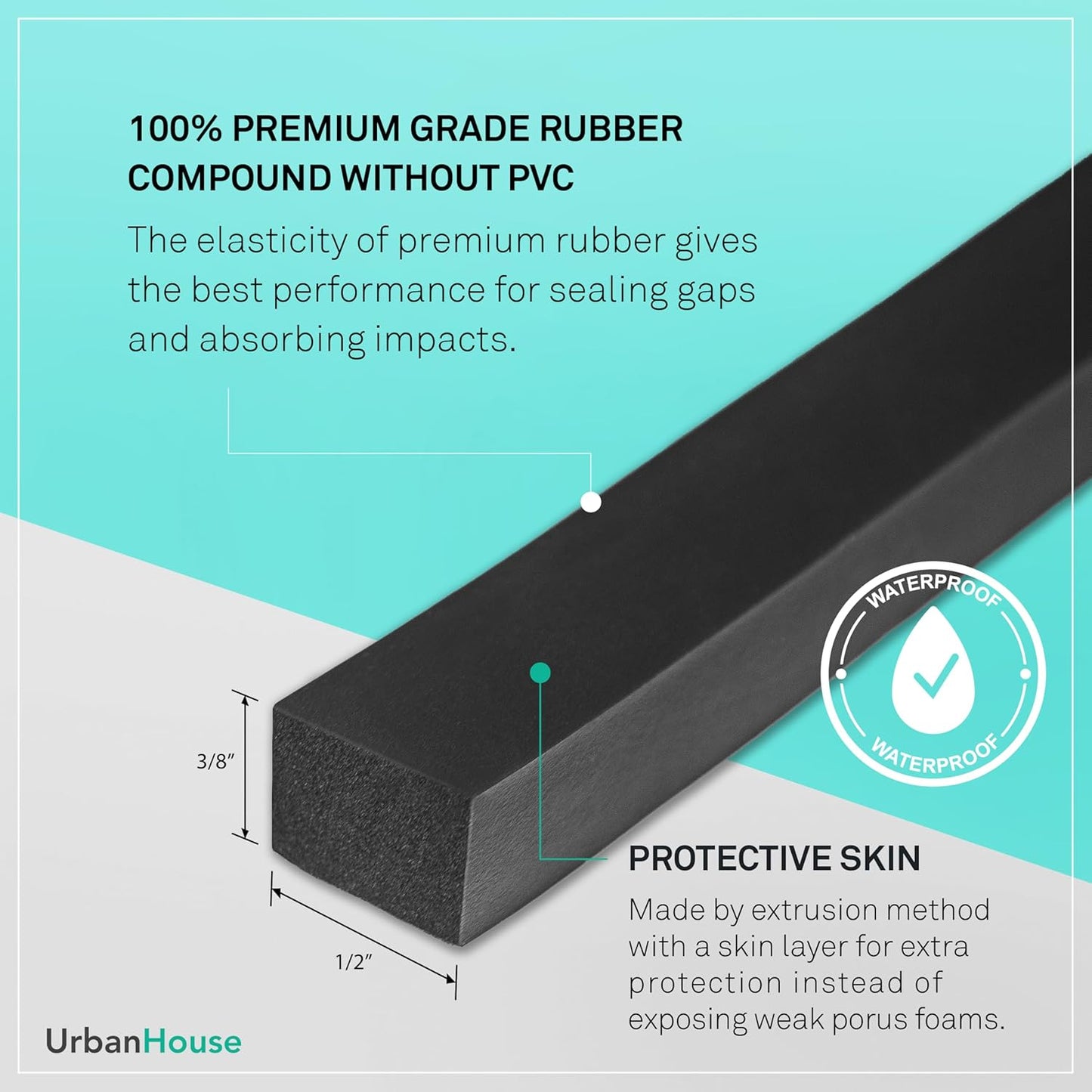 Neoprene Waterproof Rubber Foam 1/2” (w) x 1/4” (h) x 24 feet Long Weather Stripping Door Seal Insulation Shock-Absorbing 3M Self-Adhesive Tape for Door Frames, Windows – Black, 1 Continuous Roll