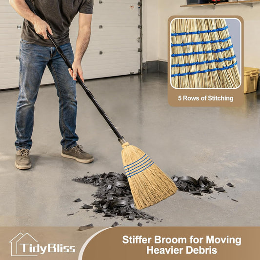 TidyBliss Corn Broom Heavy Duty, 59 inches Tall Household Indoor Outdoor Natural Straw Brush for Sweeping Garden, Garage, Yard, Porch, Patio, Sidewalk, Concrete, Stone Floors