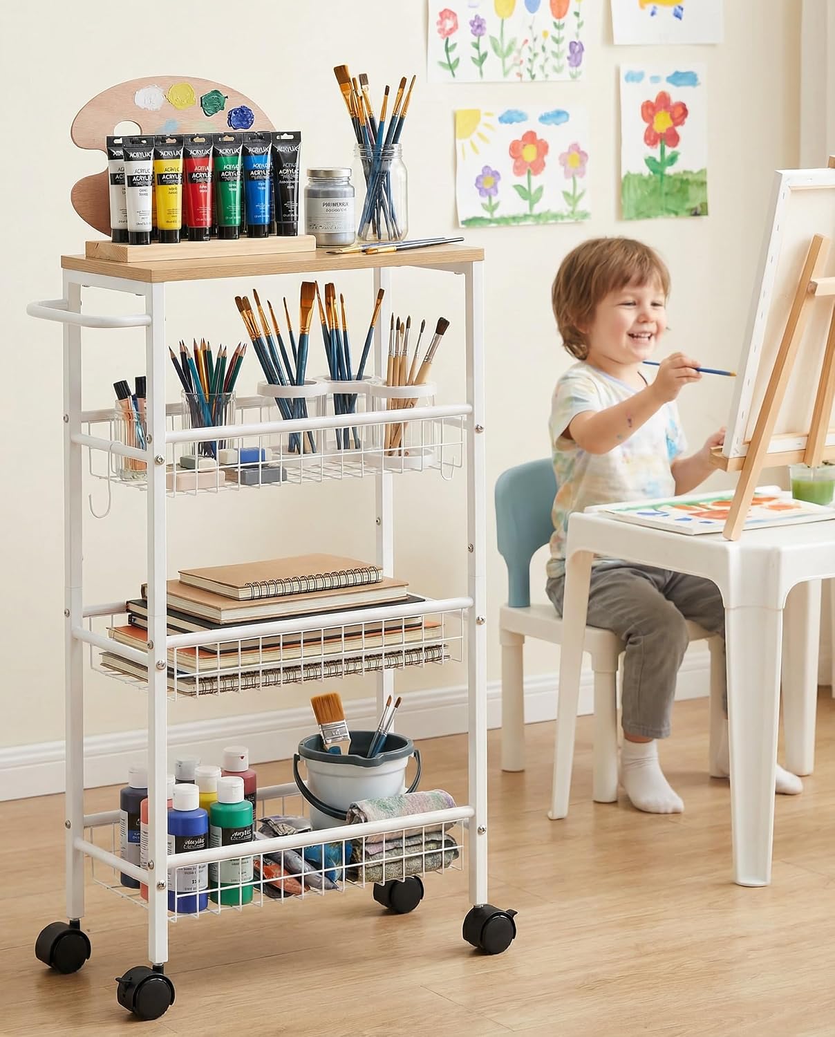 Rolling Utility Cart, 4-Tier Slim Narrow Storage Cart with Wheels for Kitchen, Laundry Room Organization, Metal Bathroom Organizer with Wood Top, Brown, 17.3" x 7.9" x 32.6"