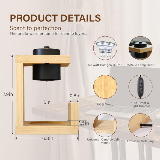 AIKUT Candle Warmer Lamp, with 2 Bulbs,Timer & Dimmer,Simple Natural Wood,Compatible Up to 4.5 inch Candles,for Home Scented and Décor,110-120V (Wood)