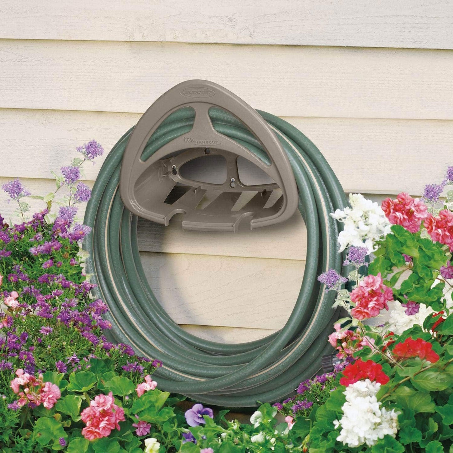 Suncast 2 Pack Hangout HH150 Outdoor Wall Mounted Durable Resin Garden Hose Holder with Accessories Shelf, Designed for 150 Foot Garden Hoses, Taupe