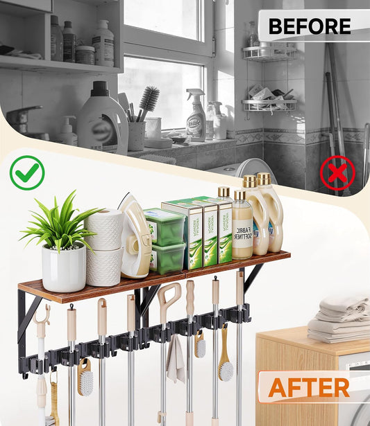 2Pack Broom Holder Wall Mount with Organizer Shelf, Space-Saving Broom and Mop Organizer Wall Hanging with 8 Broom Slots 10 Removable Hooks, Laundry Room Shelves for Laundry Room Garage Garden Closet
