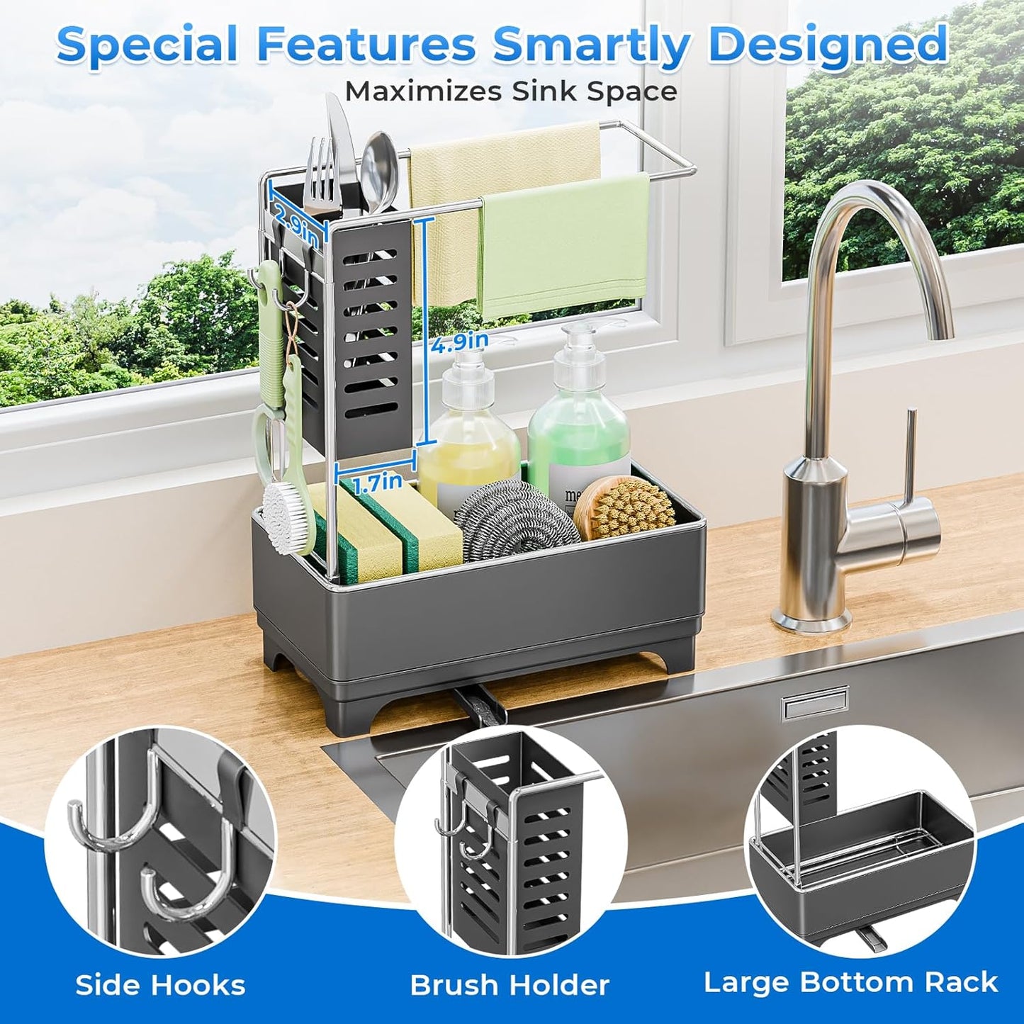 Kitchen Sink Caddy with Stainless Steel Towel Holder, Handy Sponge Holder for Kitchen Sink with Extending Drain Spout, No-Tool Assembly Space Saver for sink Countertop Accessories(Gray)