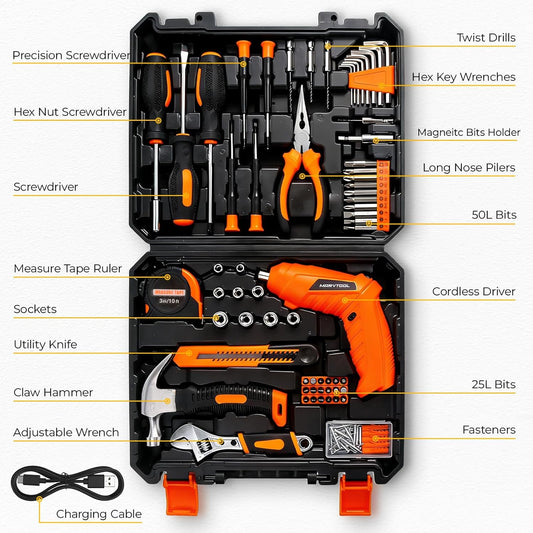 140 Piece Basic Tool Set, Portable Tool Box with Cordless Drill, Home Repair Hand Tool Kit, General Household Drill Set, Toolbox with Storage Case for Homeowner, DIY, Handyman, Women, Men
