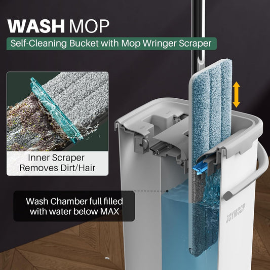 JOYMOOP Mop and Bucket with Wringer Set, Hands Free Flat Floor Mop and Bucket, 60" Mop with 3 Reusable Microfiber Pads, Wet and Dry Use, Floor Cleaning System