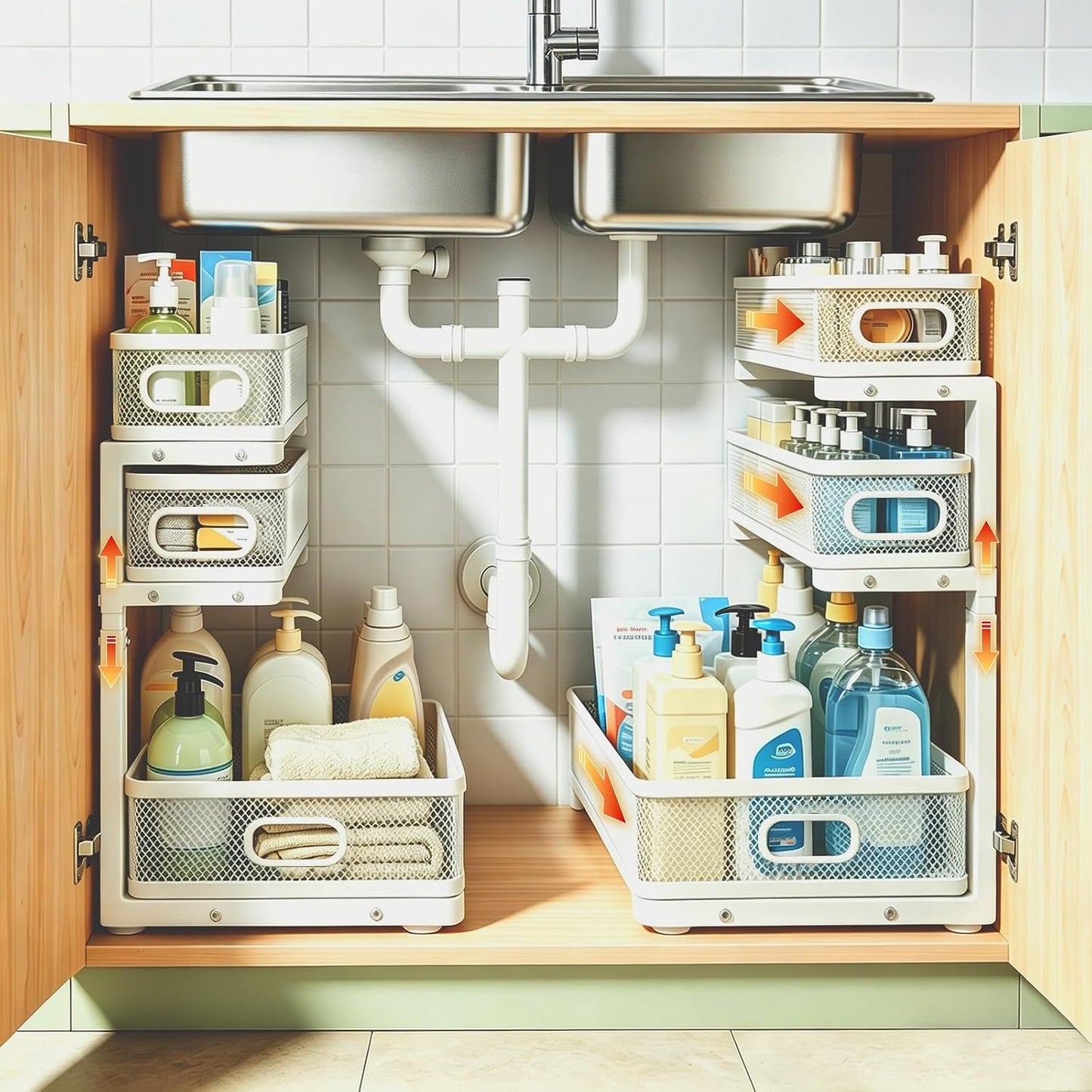 2 Pack 3 Tier Under Sink Organizer with Pull Out Drawer, Height Adjustable Heavy Duty Metal Under Cabinet Organizer, Smooth Sliding Storage Shelf for Kitchen, Bathroom Cabinet Organization, White