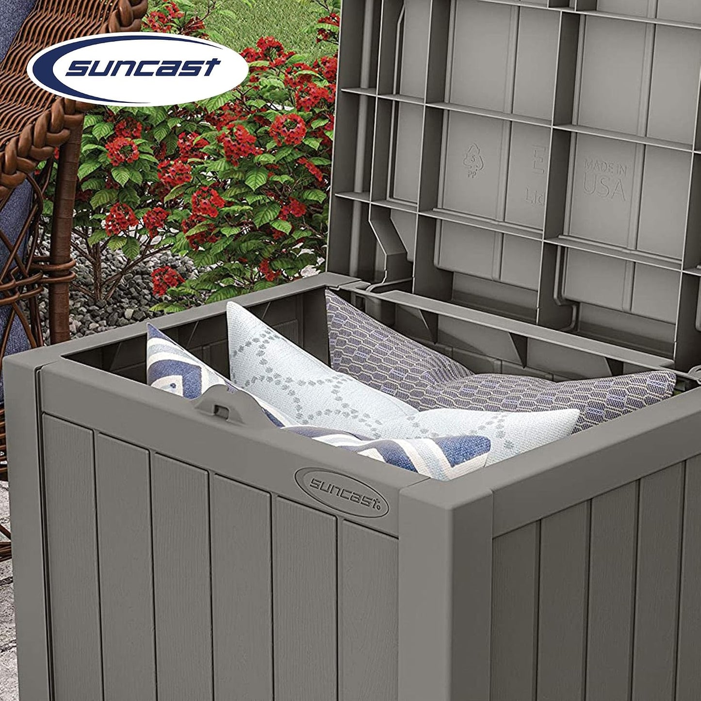 Suncast Outdoor Storage Box - 22 Gallon Stone Gray Resin Outdoor Deck Box with Seat, Weatherproof Patio Storage Bin Container for Keeping Cushions, Tools, & Towels for Pool, Yard, & Garden