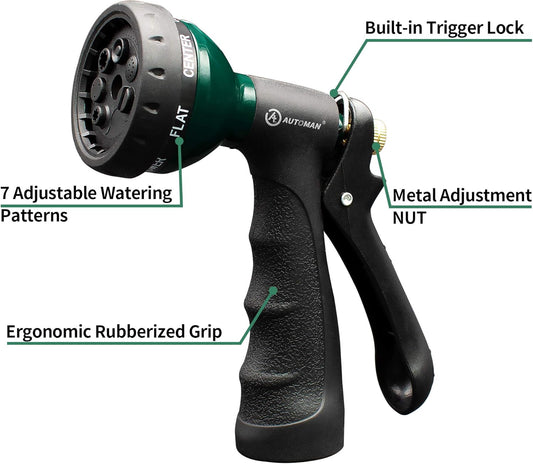 AUTOMAN Garden Hose Nozzle - 2 Pack, 100% Metal High Pressure Spray Nozzle, Labor-Saving Design, Heavy Duty for Garden Watering, Car Washing, Window Cleaning, Pets Bathing
