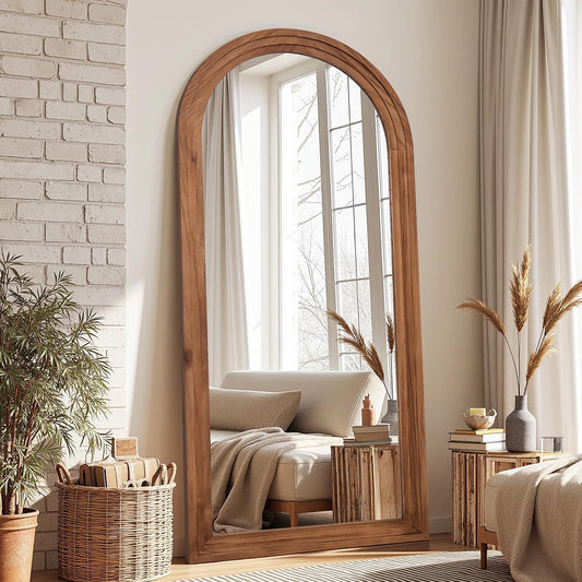 Antok Full Length Mirror with Solid Wood Frame, 71"×32" Wall Mounted Oversized Floor Mirror with Stand, Leaning Standing Hanging for Bedroom Living Room Entryway, Walnut, Arched Syle