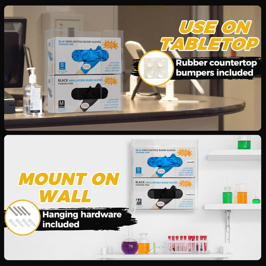 Storage Standard Glove Box Holder Dispenser - Kitchen, Medical, & Latex Gloves Holder Wall Mount or Countertop, Universal Fit - Thick Acrylic, Easy to Use, Slide, & Load Open Top Design - Clear