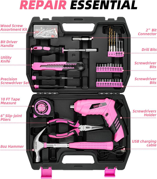 143 Pcs Pink Homeowner Tool Set with 3.6V Cordless Screwdriver General Household Hand Tool Kit with Plastic Tool box Storage Case for Women,Men