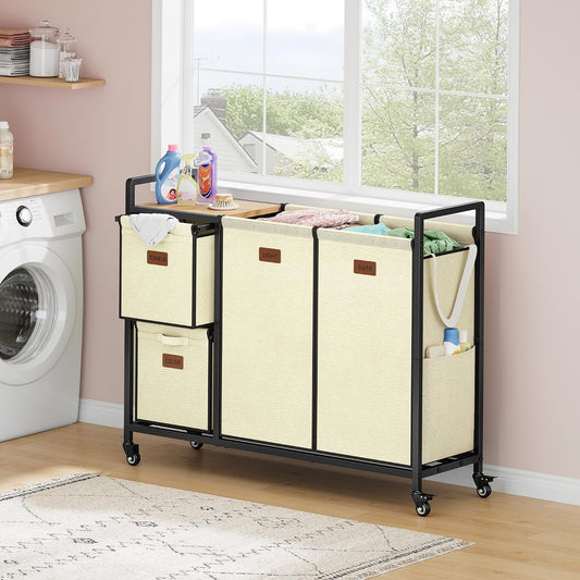 Hoctieon 4 Section Laundry Cart, 48 Gal. (182L) Laundry Hamper with Lid, Laundry Basket with Wheels, Rolling Laundry Sorter Organizer with Shelf, Clothes Separator with Removable Bags, Black