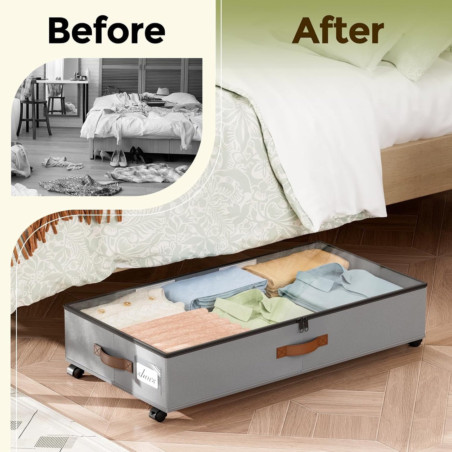LAMU Under Bed Storage with Wheels, 2 Pack Under Bed Storage Containers with Clear Lids & Label, Rolling Under Bed Drawers for Clothes, Shoes, Blankets, Black