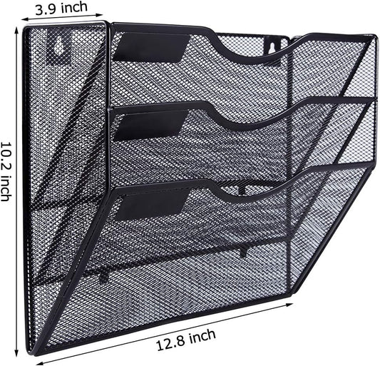 EASEPRES 5 Pocket Mesh Hanging File Organizer with Key Holder Hooks & Nametag Label, Wall Mounted Mail Paper Document Folder Storage Organization Magazine Rack for Office Cubicle, 5 Tier Black
