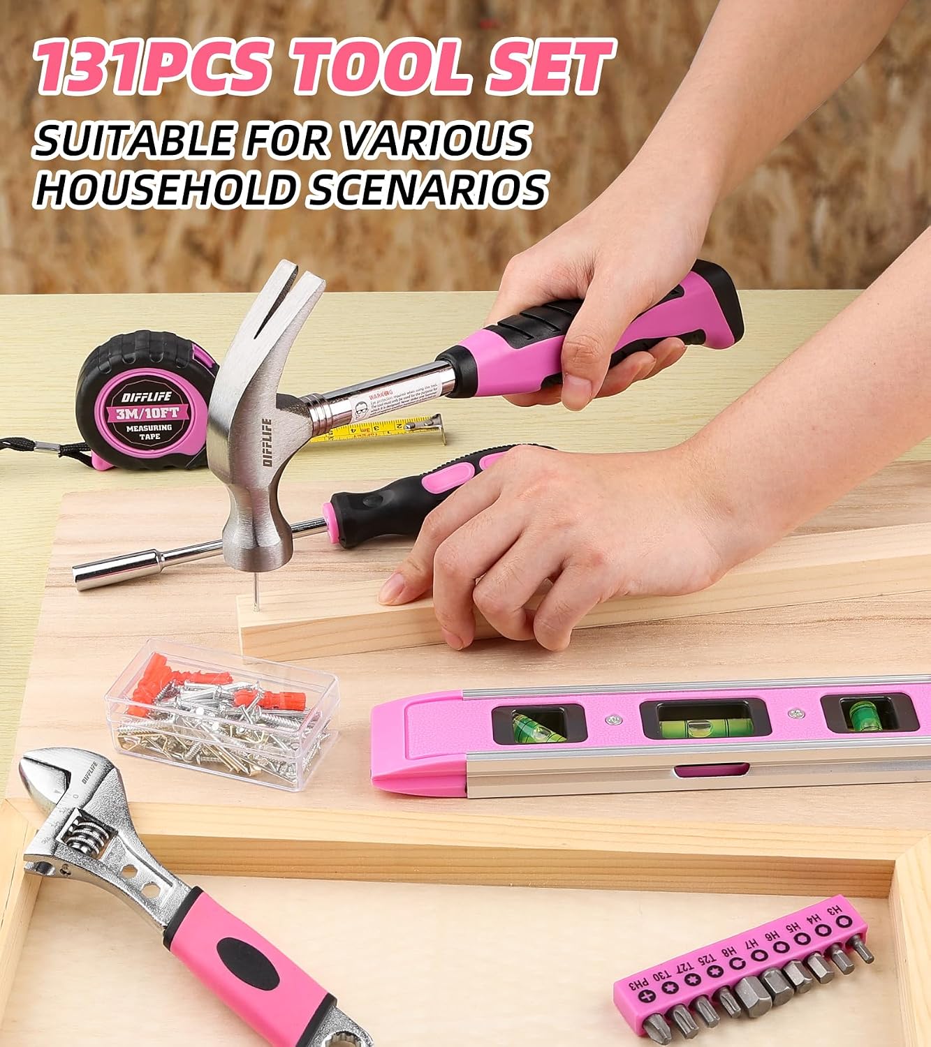 Pink Tool Set -131 Piece Pink Tool sets for WomenGeneral Household Hand Tool Kit with Plastic Tool Box Storage Case(Pink)