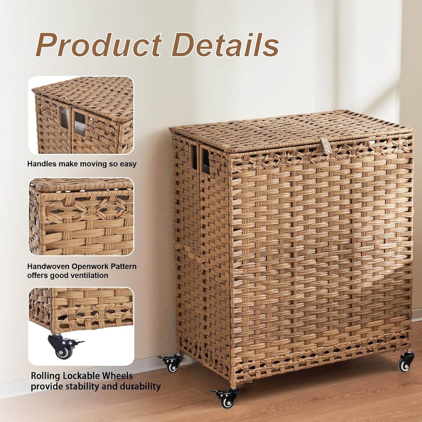 Laundry Hamper with Wheels&Lid, 50.2 Gallons(190L) Rolling Laundry Basket with Wheels, 3-Section Laundry Hamper, Handwoven Rattan Clothes Hamper with 6 Removable Liner& 3 Mesh Laundry Bags, Grey