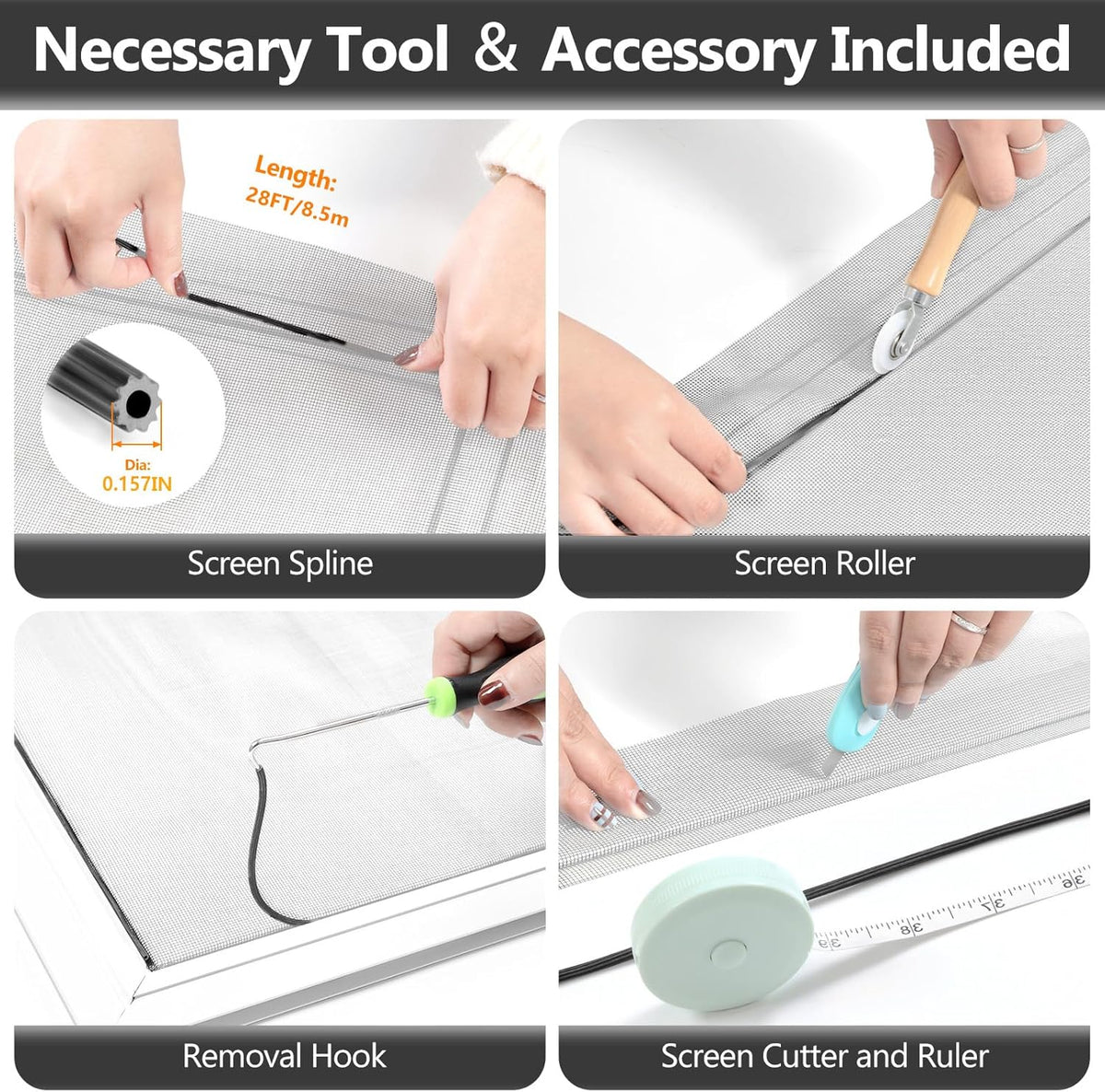 Secopad Window Screen Repair Kit, 39" x 78" Screen Door Mesh Replacement Kit, Durable Fiberglass Roll with Tools for Windows Doors Patio and Porch Replacement, Black