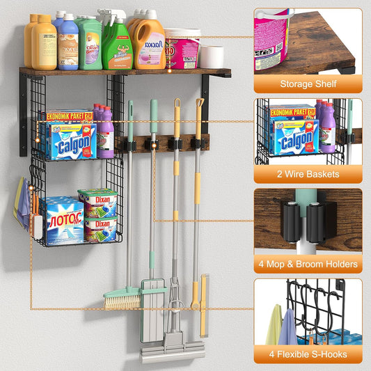 Housolution Broom Holder Wall Mount with Cleaning Supplies Organizer, 100 LBS High Load-Bearing Laundry Room Storage Shelves, Multifunctional Mop Hanger Rack with 2 Baskets, 4 Grippers & Hooks