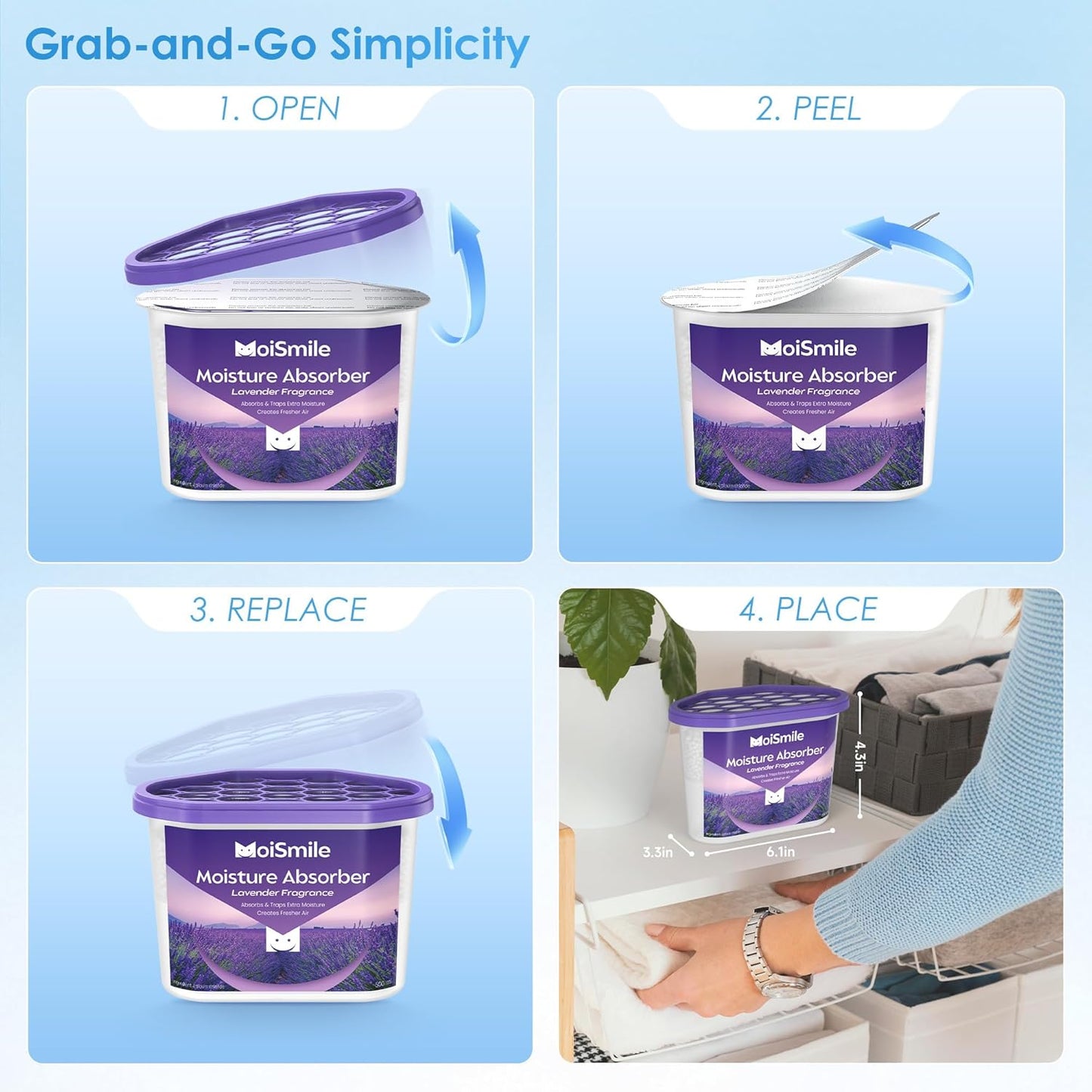 Moisture Absorbers, Efficient Humidity Absorber & Odor Eliminator Boxes, Refillable Car Dehumidifier for Closet, Bathroom, Basement& RV, 3 Pack, Fragrance Free