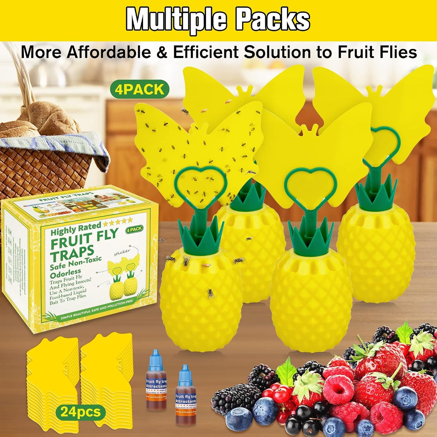 Fruit Fly Trap for Indoors, Effective Fruit Fly Catcher Gnat Killer with Sticker, Gnat Traps for House Indoor with Bait, Non-Toxic Reusable Easy to Use Fly Trap for Kitchen Home - 2 Pack, Clear Yellow