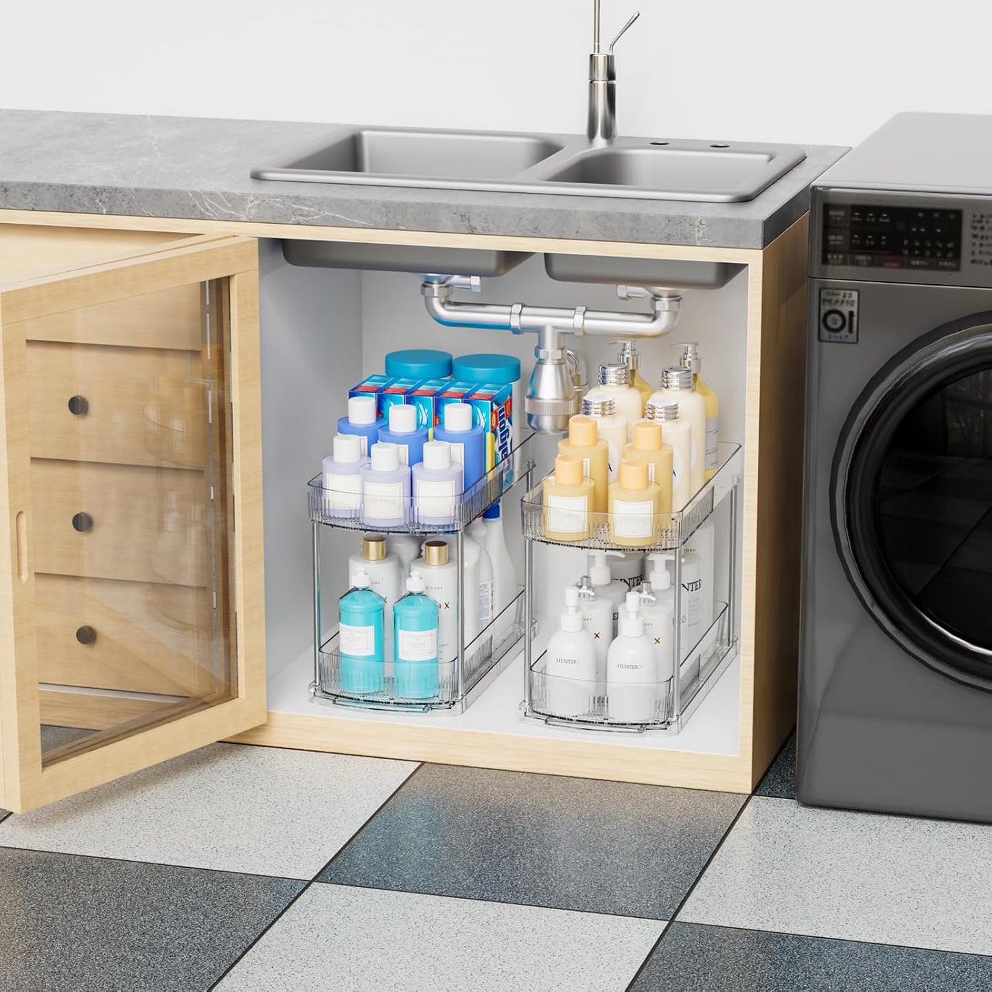2 Pack 3 Tier Large Pull Out Bathroom Organizers and Storage,13.8″ Deep Sliding Kitchen Under Sink Organizer for Cleaning Products Storage,Acrylic Clear Bathroom inder Sink Organizer,Undersink Storage