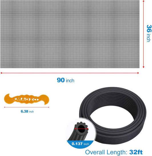 Window Screen Replacement Kit, 48"W × 99"L Durable Polyester Adjustable Screen Mesh with Retainer Spline (32ft) for DIY Project Window Screen Door Screen Replacement & Repair, Black