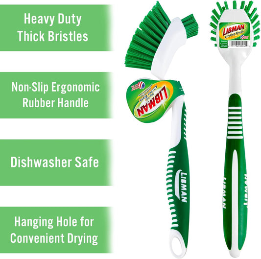 Libman Dish Brush Set with Long Handle - Deep Cleaning Brushes - Dish Scrubber & Scraper - Kitchen Scrub Brush for Dishes, Sinks, Pots, Pans, Vegetables