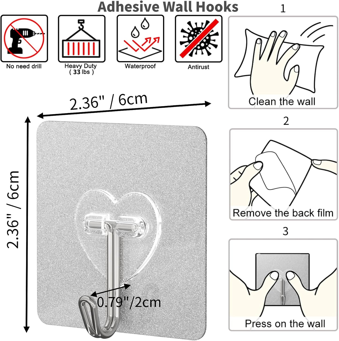 DGYB 20 Pcs Clear Adhesive Hooks for Hanging 22lb Self Adhesive Wall Hooks Heavy Duty Waterproof Transparent Sticky Hooks for Shower Home Bathroom Kitchen Office