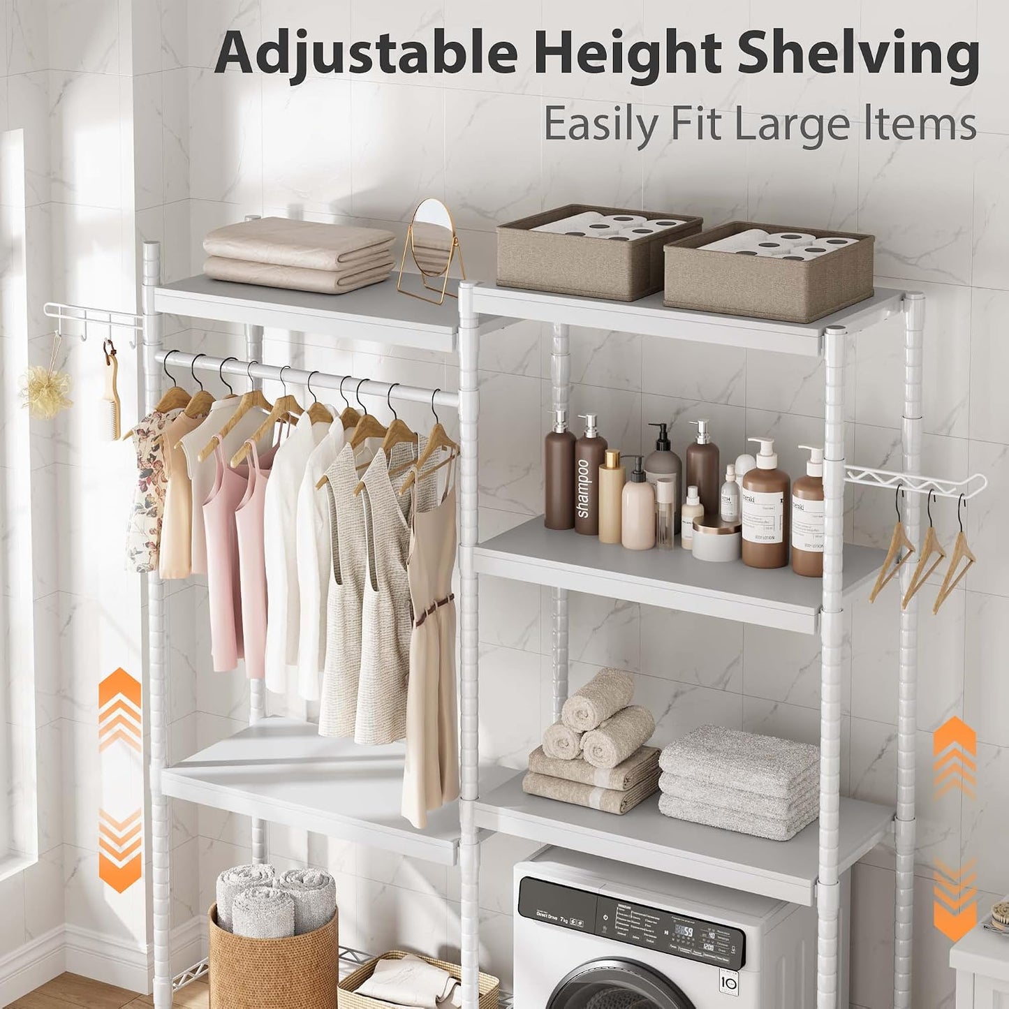 IDEALHOUSE 28" Over-The-Washer Shelf - 5-Tier Heavy Duty Laundry Organizer with Shelf Capacity, Double Wood Shelves for Stackable Units (White)