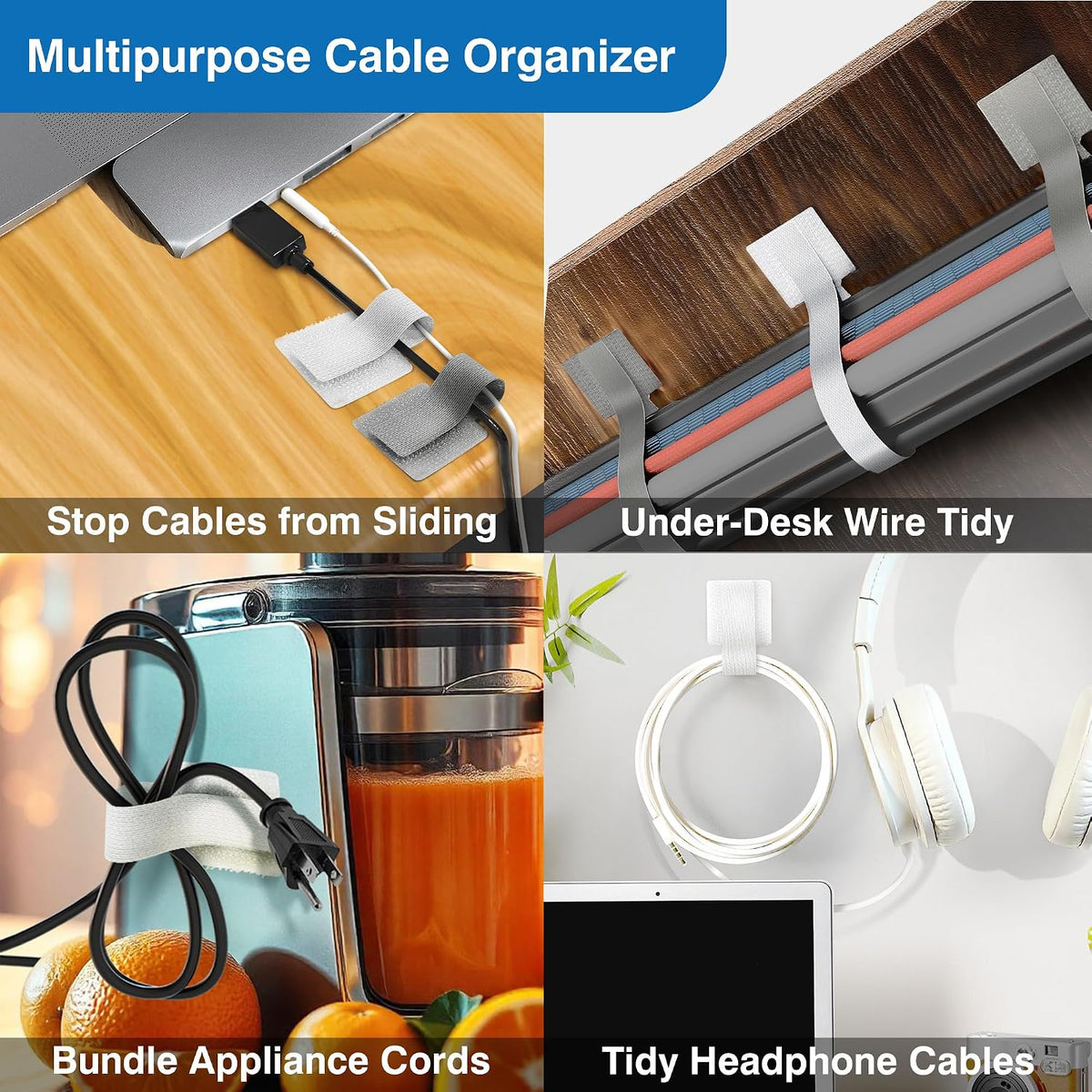 Cable Management Kit – 40 Self-Adhesive Hook & Loop Cable Ties with 2 Extension Straps, Strong Adhesive Cord Organizer for Desk, Wall, Home & Office – Adjustable Wire Holders (Black)