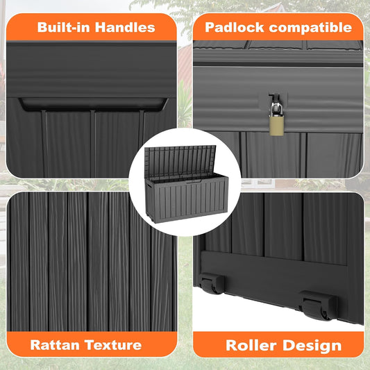 PatioZen 75 Gallon Resin Deck Box,Waterproof Outside Storage Boxes Patio Outdoor Storage Box for Furniture, Garden Tools - Black