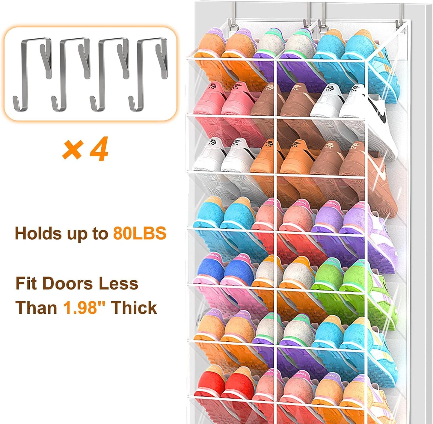 UVIAHOMI 20-30 Pairs Over the Door Shoe Organizer, Clear Pockets Hanging Shoe Storage for Closet, 10-Tier Door Shoes Rack, Handing Shoes Holder Fit All the Family's Sneakers, Boots, Heels, White