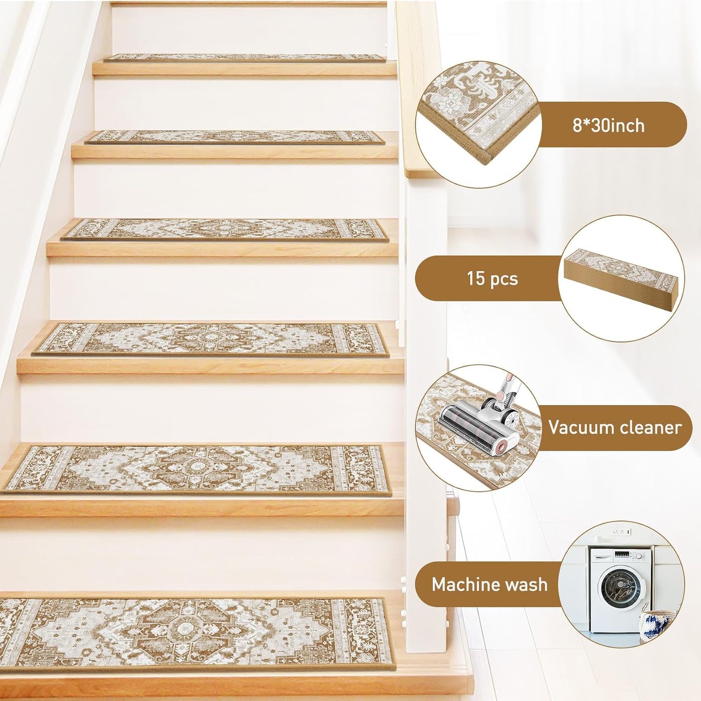Stair Treads for Wooden Steps Indoor, 15 Pack 8" X 30" Non Slip Carpet Stair Treads with Reusable Adhesive for Kids Elders and Dogs, TPR Backing Stair Rugs Oriental Staircase Step Treads,Bohemia