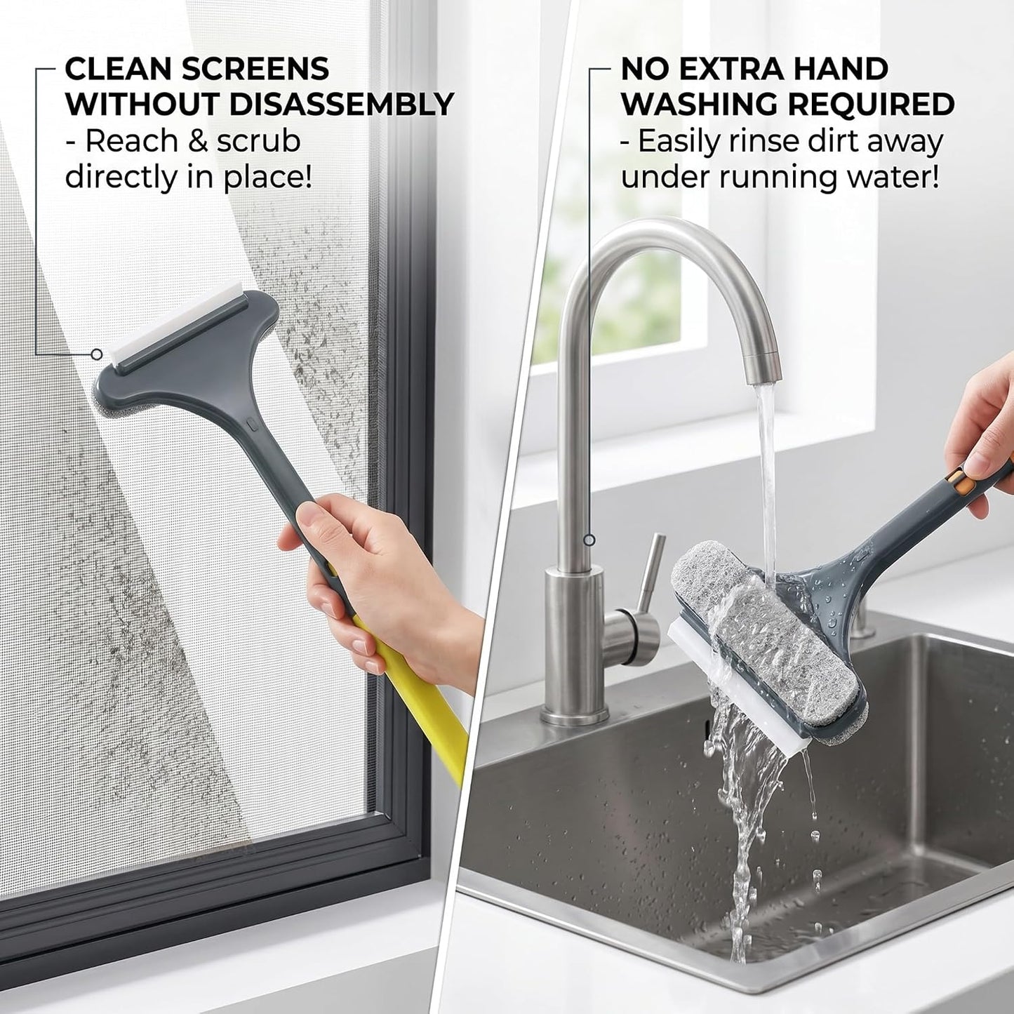 2Pcs Window Screen Cleaner Tool & Mesh Screen Cleaner Brush, 2-in-1 Double-Sided Scrubber with Detachable Handle, 16x46 cm