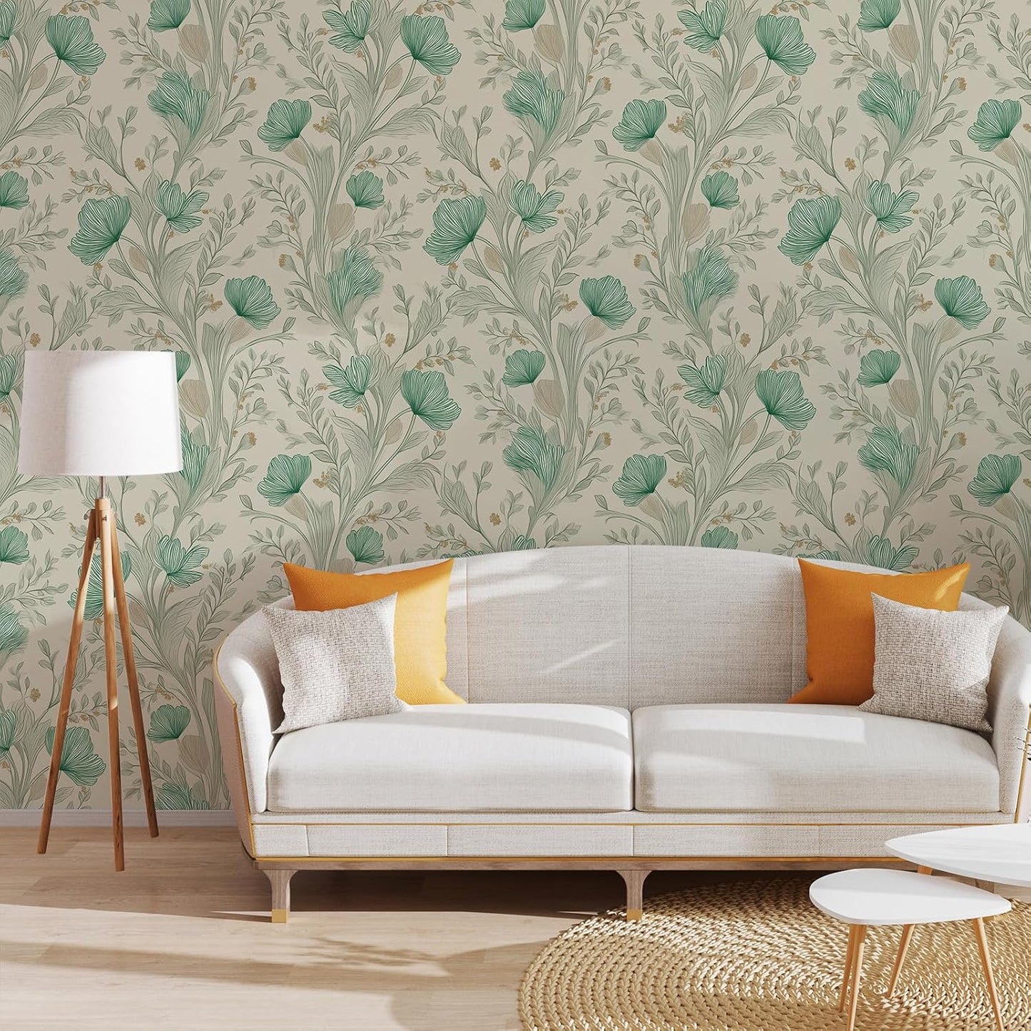 Peel and Stick Wallpaper, Self - Adhesive Removable Light Beige with Green Flowers Pattern, PVC Contact Paper for Bedroom/Living Room/Kitchen/Bathroom/Cabinet, Renter Friendly, 17.7inx118in