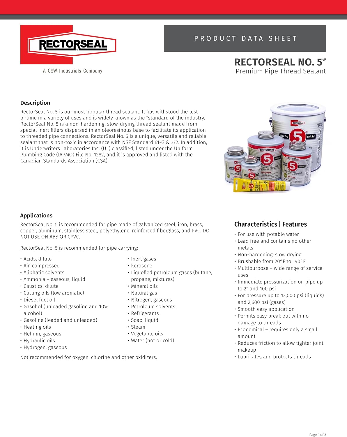 RectorSeal No. 5 25631 Pipe Thread Sealant, Lubricates & Protects Threads, Soft Setting, Slow Drying, & Permits Easy Breakout, Lead Free & Contains No Other Metals, 4 oz