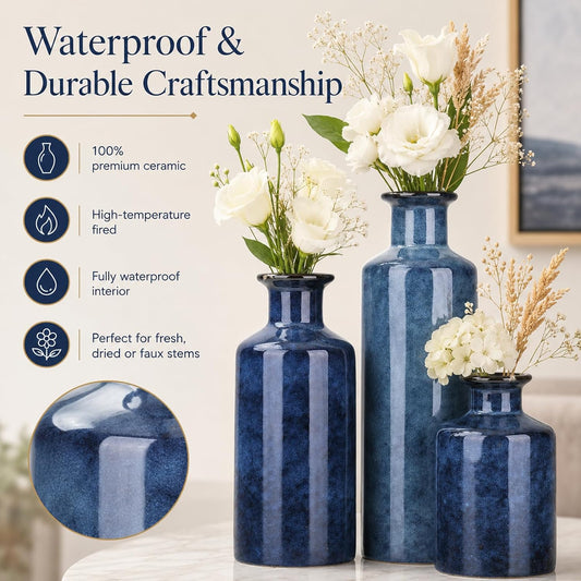 Blue Ceramic Vase Set of 3, Small Vases for Table Decor | Bring farmhouse charm to tables, shelves, mantels, entryways, living rooms, bedrooms and offices.