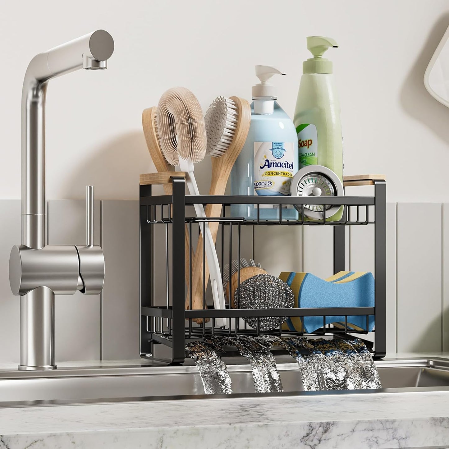 Sink Caddy Organizer with Wooden Handle & Self-Draining Tray, Trapezoid Kitchen Sponge Holder with Non-Slip Suction Cups , Organizer for Sponge, Brush, Soap Dispenser for Sink and Bathroom Countertop