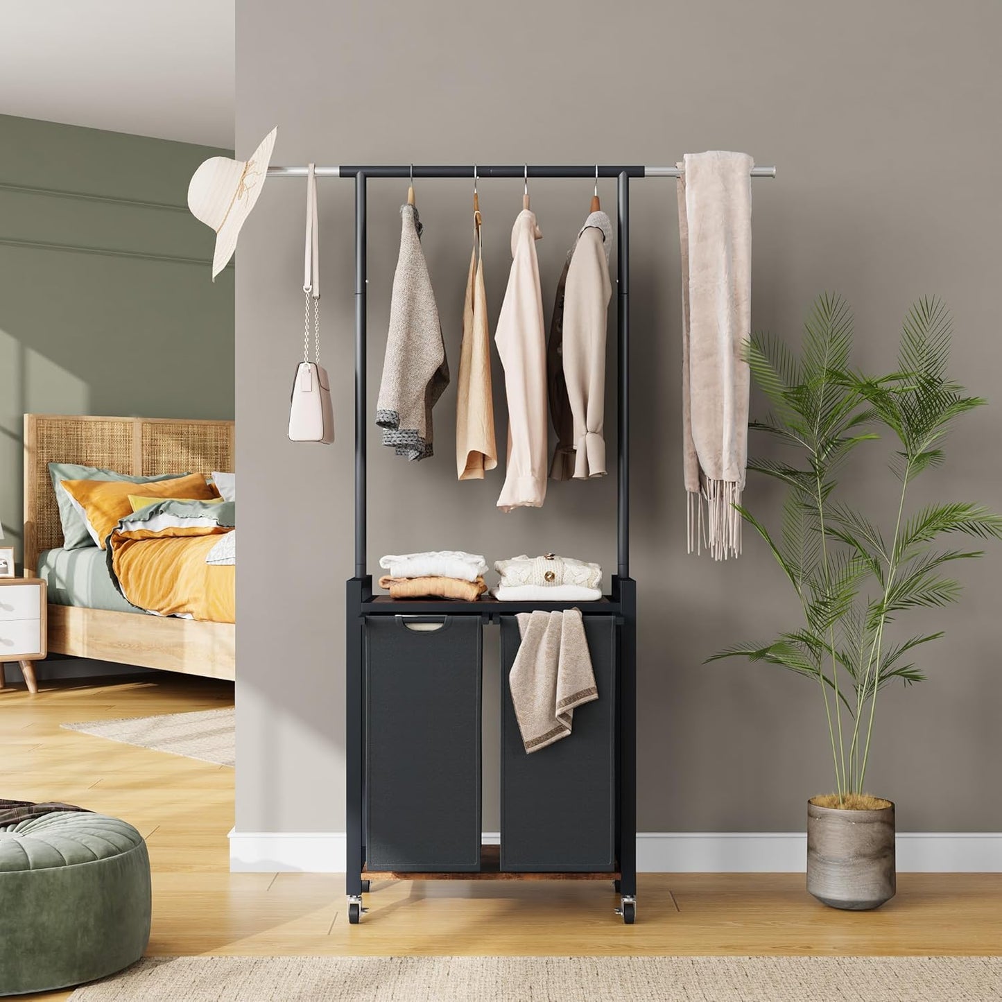 Laundry Basket Organizer, 2 Section Laundry Sorter with Lockable Wheels, Rolling Laundry Hamper with Hanging Rack & Shelf, Folding Station for Laundry Room, Bedroom, Bathroom, Dorm, Closet Storage