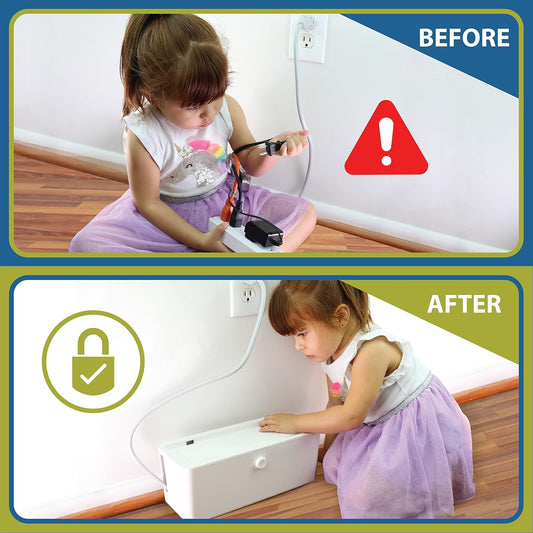 Power Strip Cover and Outlet Cover Box - Effectively Baby Proofs Power Strip on Floor or Wall, Protects Small Hands & Fingers, Cover Box and Outlet Cover Box (White-Bundle)