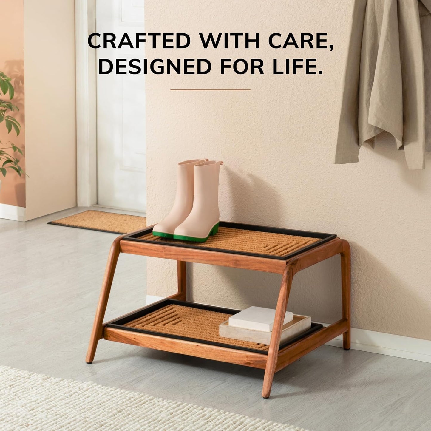 Anji Mountain Heavy Duty Waterproof Wooden Shoe Storage Mat Organizer/Boot Storage Tray Multi Use for Entryway with Coir, Tan Rectangle Embossed Insert, 1 Tier, Fits 2 Pair (26.5" Wide)