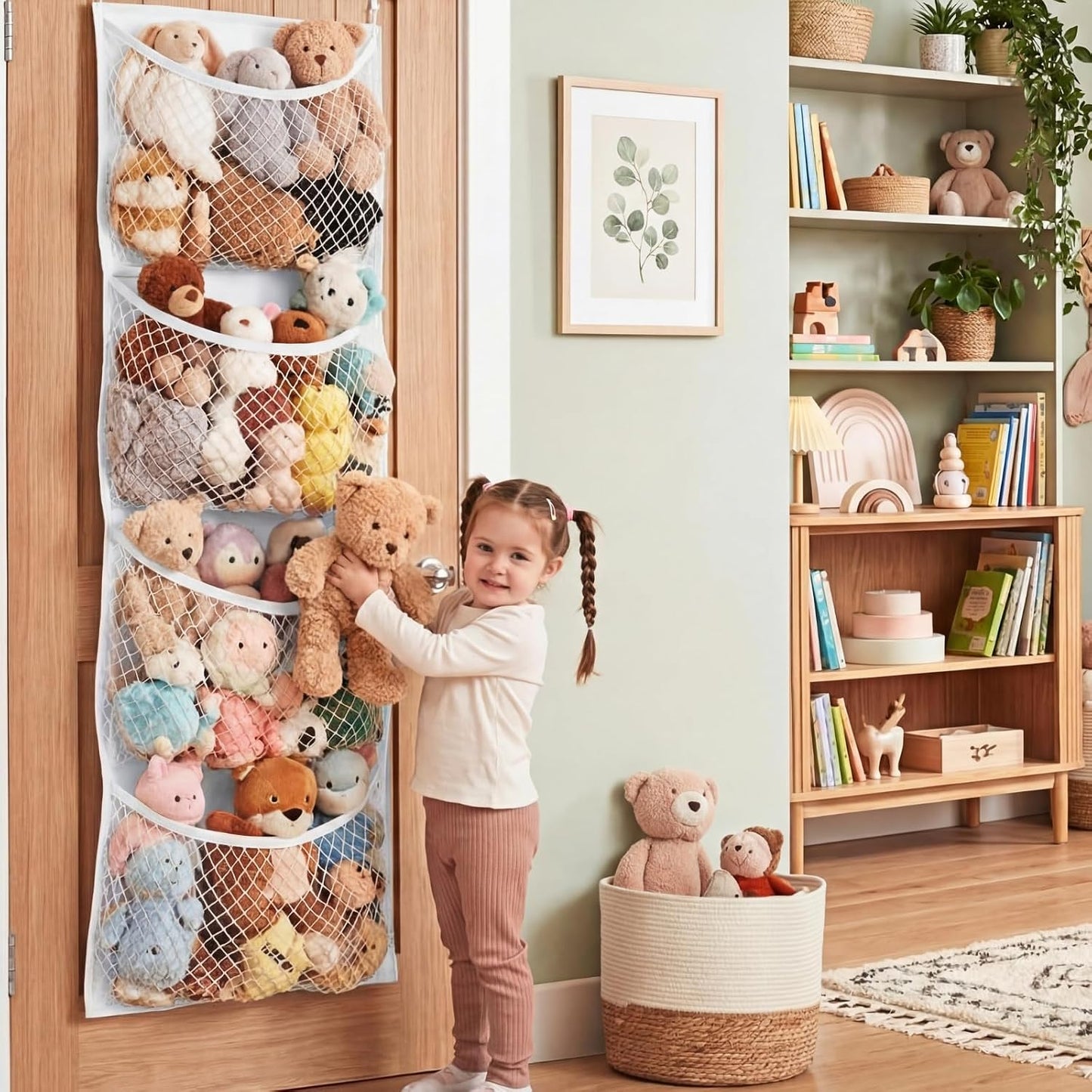Ofiray-home Cotton Over The Door Stuffed Animal Storage | Toy Organizer for Storage Plush Toys, Stuffed Animal Holder with 4 Large Pockets, Hanging Door Organizer for Nursery