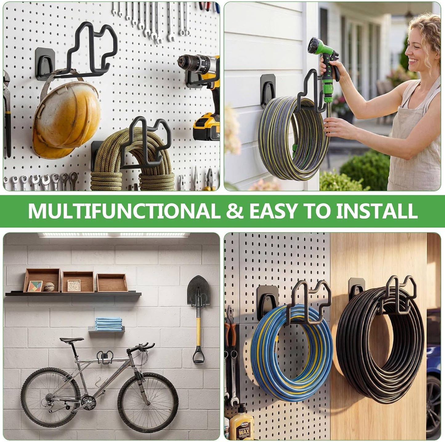 Heavy Duty Garden Hose Holder Wall Mount - Gloss Black Rust-Resistant Metal Hanger with Nozzle Slot, PVC Coated for Indoor/Outdoor Use