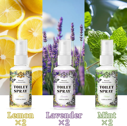 SCENTORINI Toilet Spray for Poo Odor Eliminator, Bathroom & Toilet Odor Elimination,Travel Size, 2 Lemon & 2 Lavender & 2 Mint, 1 oz Bottles, Air Freshener Spray for Poop, Home, Travel and Pockets